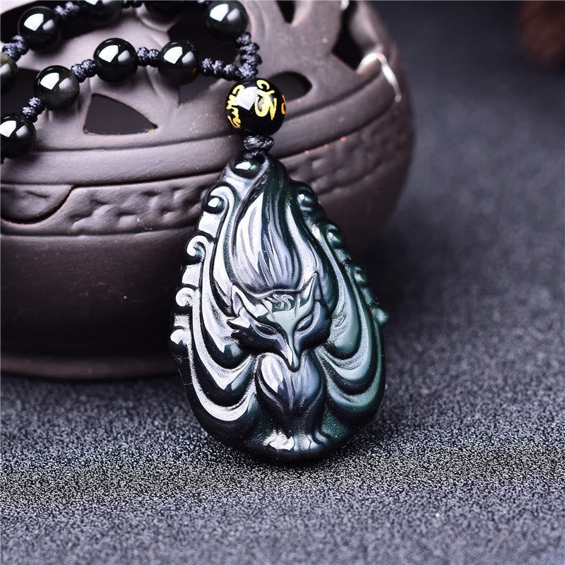 Wear FengShui Natural Rainbow Obsidian Nine Tailed Fox Inner Peace Necklace Beaded String Pendant