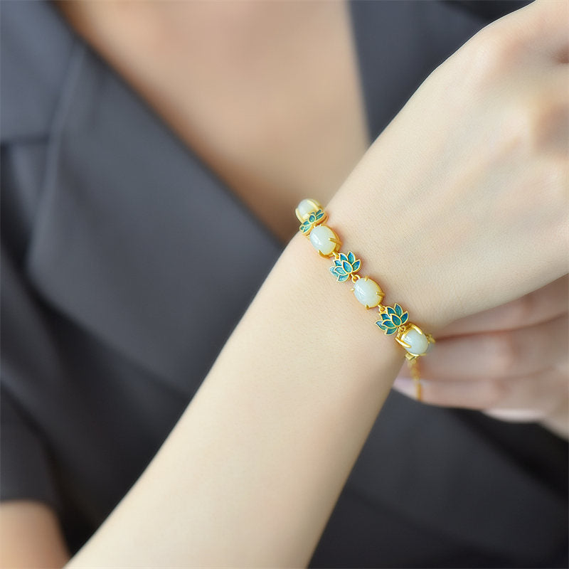 Wear FengShui White Jade Cyan Jade Lotus Protection Bracelet