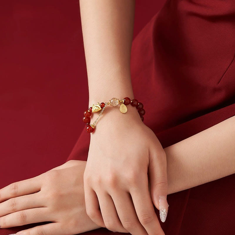 Wear FengShui Year of the Dragon Dumpling Natural Red Agate Garnet Hetian Jade Fu Character Luck Success Bracelet