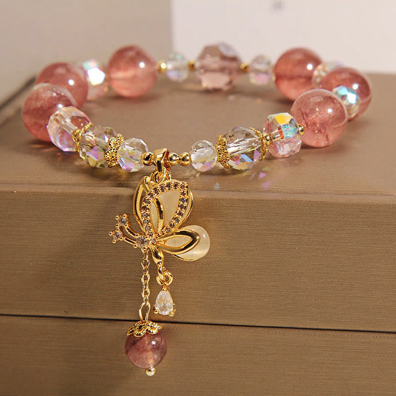 Wear FengShui Natural Strawberry Quartz Healing Positive Butterfly Charm Bracelet