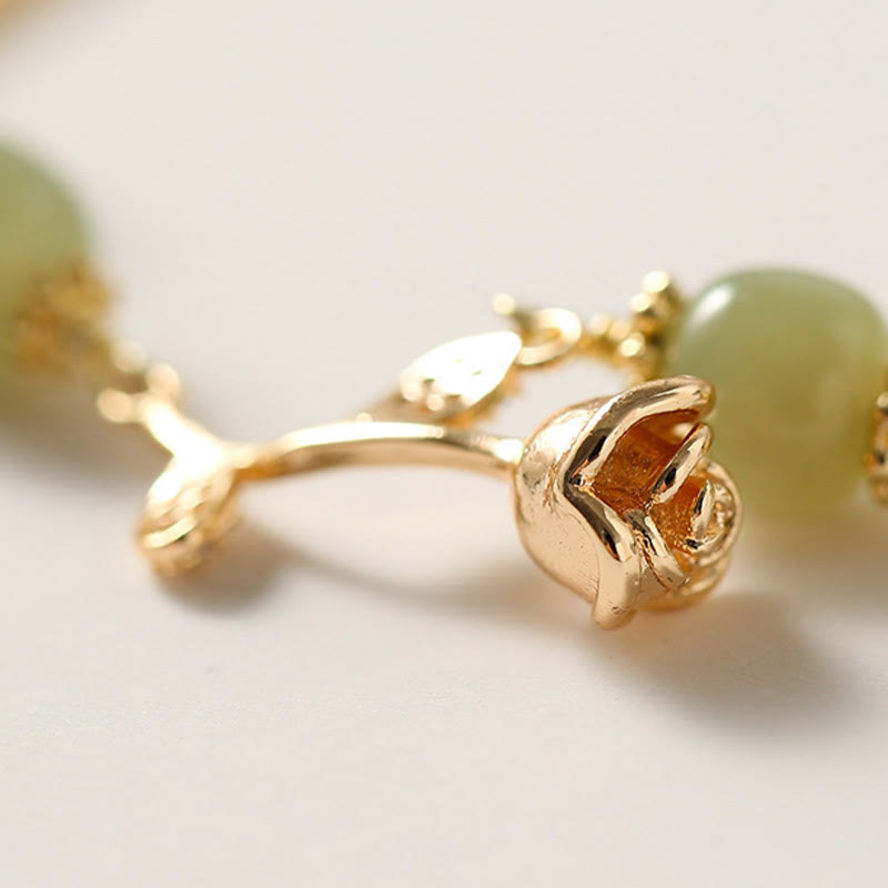 Wear FengShui 14K Gold Plated Hetian Jade Golden Rose Flower Luck Chain Bracelet