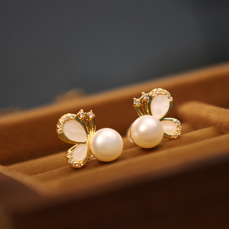 Wear FengShui 925 Sterling Silver Posts 18K Gold Plated Copper Natural Pearl Butterfly Zircon Healing Stud Earrings
