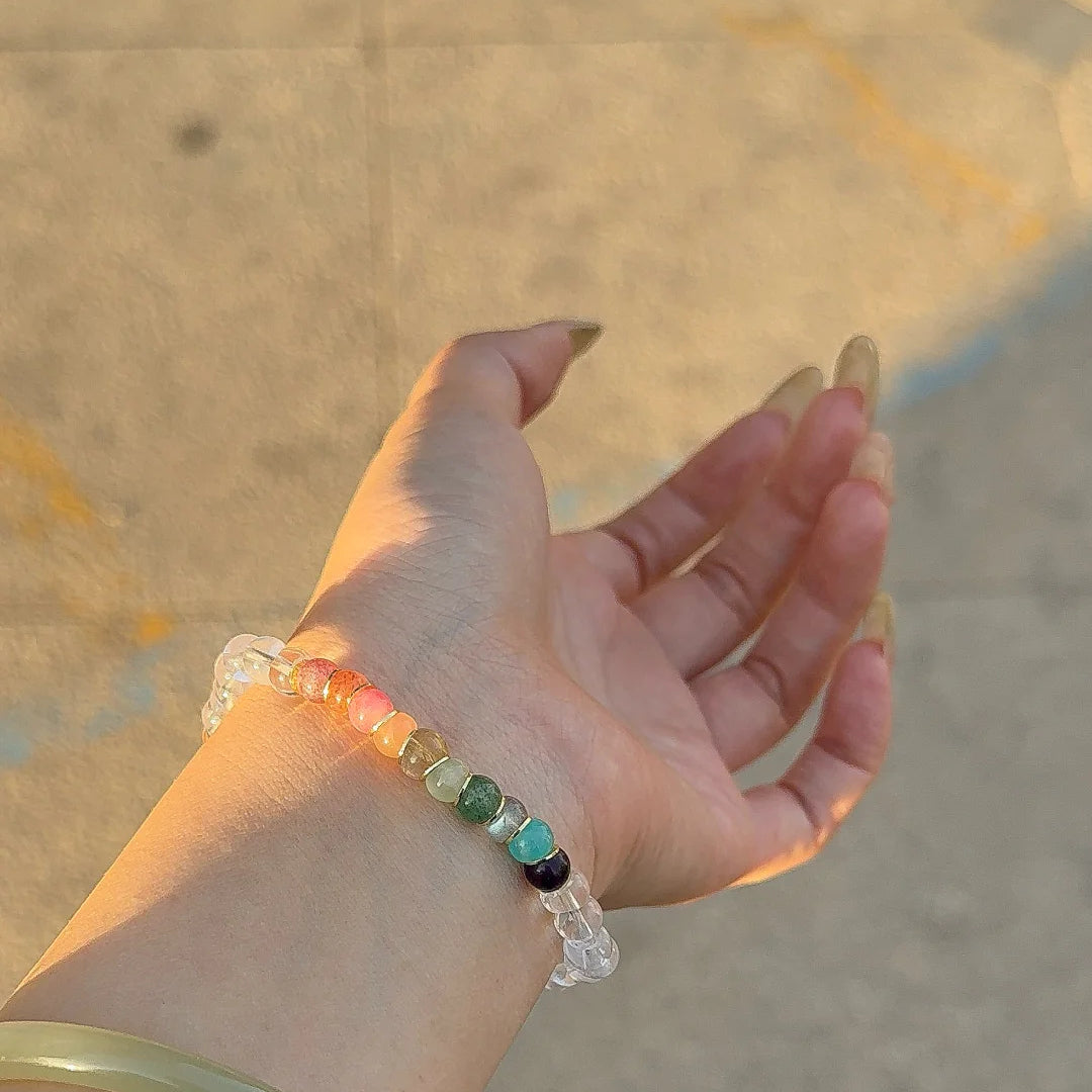 Tibetan Angled-Cut White Crystal Bracelet with Multicolor Crystals – Top-Grade Clear Quartz, Stress-Relieving & Meditation-Friendly