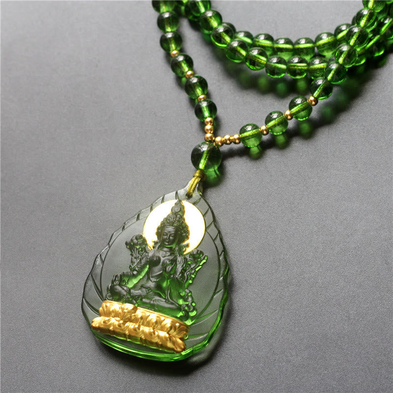 Wear FengShui Tibetan Green Tara Buddha Gold Plated Liuli Crystal Protection Necklace Pendant