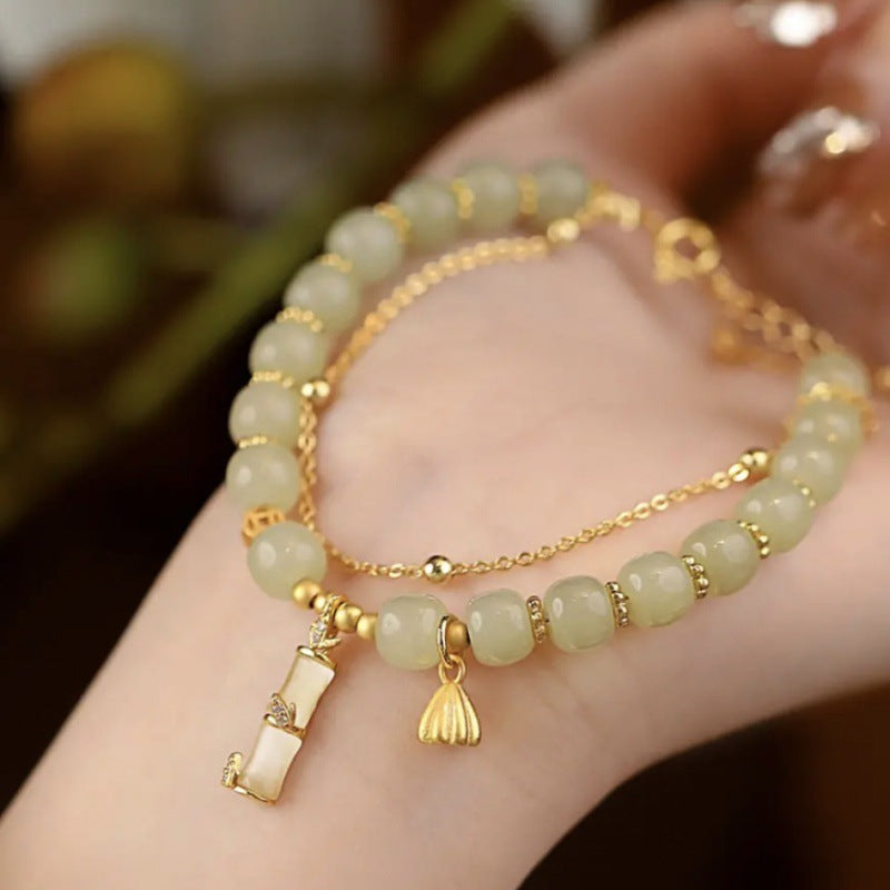 Wear FengShui Natural Hetian Jade Prosperity Lotus Bamboo Charm Bracelet