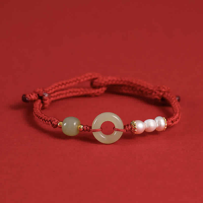 Wear FengShui Natural Hetian Jade Pearl Peace Buckle Luck Bracelet