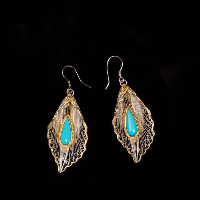 Wear FengShui 925 Sterling Silver Turquoise Bodhi Leaf Pattern Protection Drop Dangle Earrings