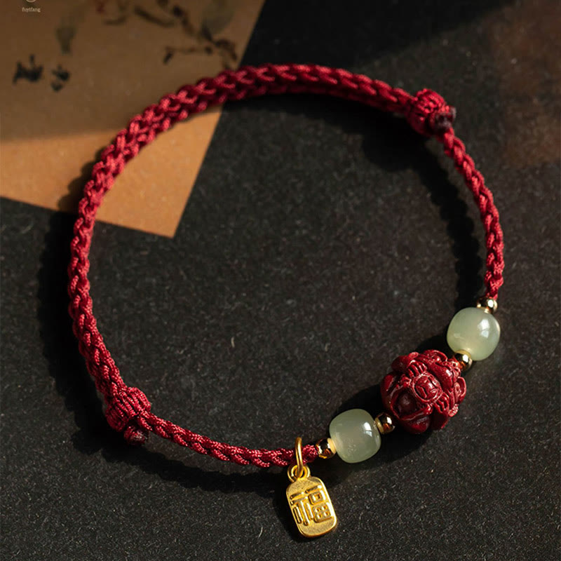 Wear FengShui Natural Cinnabar Chinese Zodiac Hetian Jade Fu Character Luck Rope Bracelet