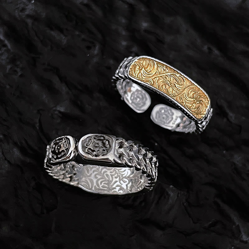 Wear FengShui Tang Dynasty Flower Design Engraved Copper Luck Cuff Bracelet Bangle Adjustable Ring