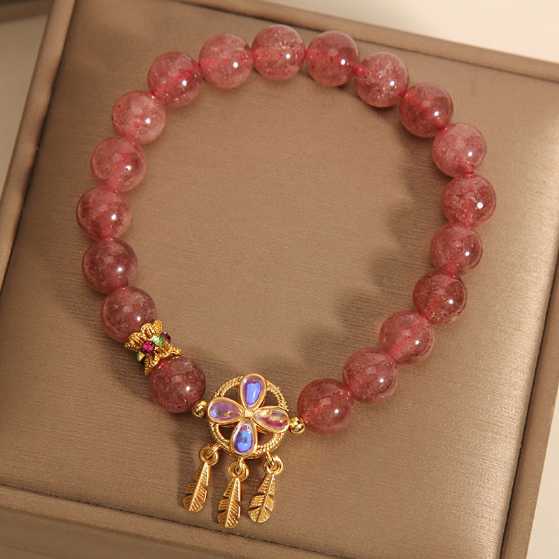 Wear FengShui Natural Strawberry Quartz Four Leaf Clover Dreamcatcher Charm Love Bracelet