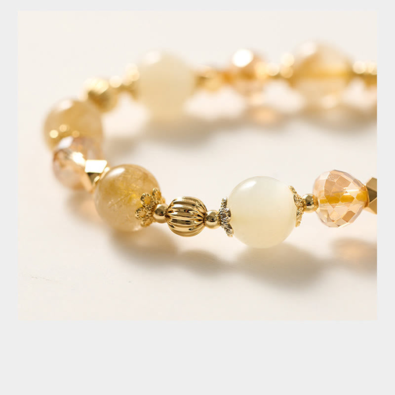 Wear FengShui 14K Gold Plated Golden Rutilated Quartz Wealth Bell Lucky Fortune Charm Bracelet