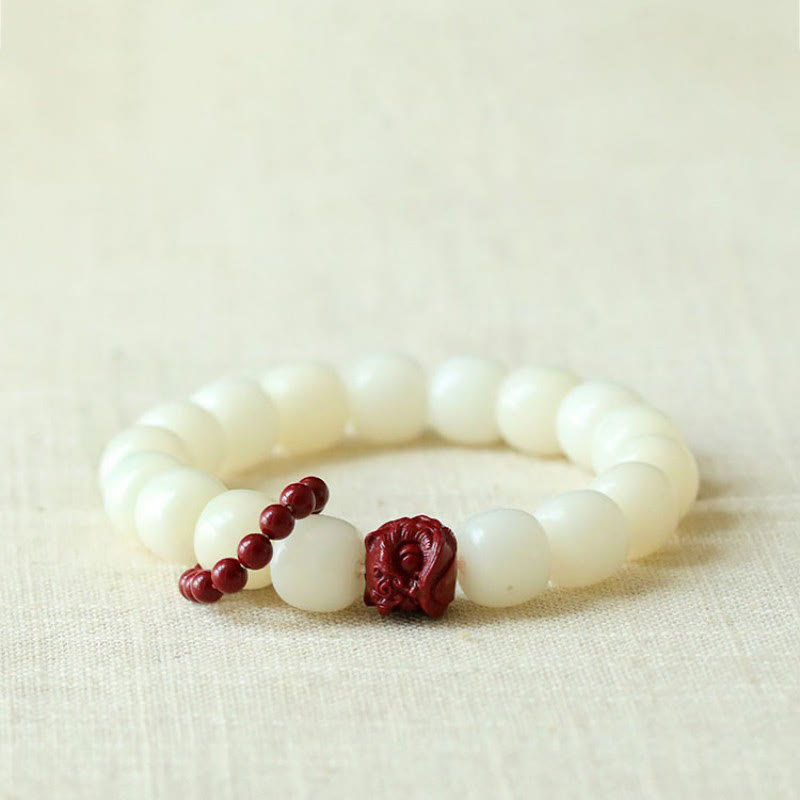 Wear FengShui Natural Bodhi Seed Cinnabar Dancing Lion Charm Wisdom Harmony Wrist Mala