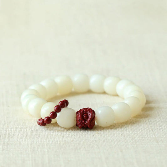 Wear FengShui Natural Bodhi Seed Cinnabar Dancing Lion Charm Wisdom Harmony Wrist Mala