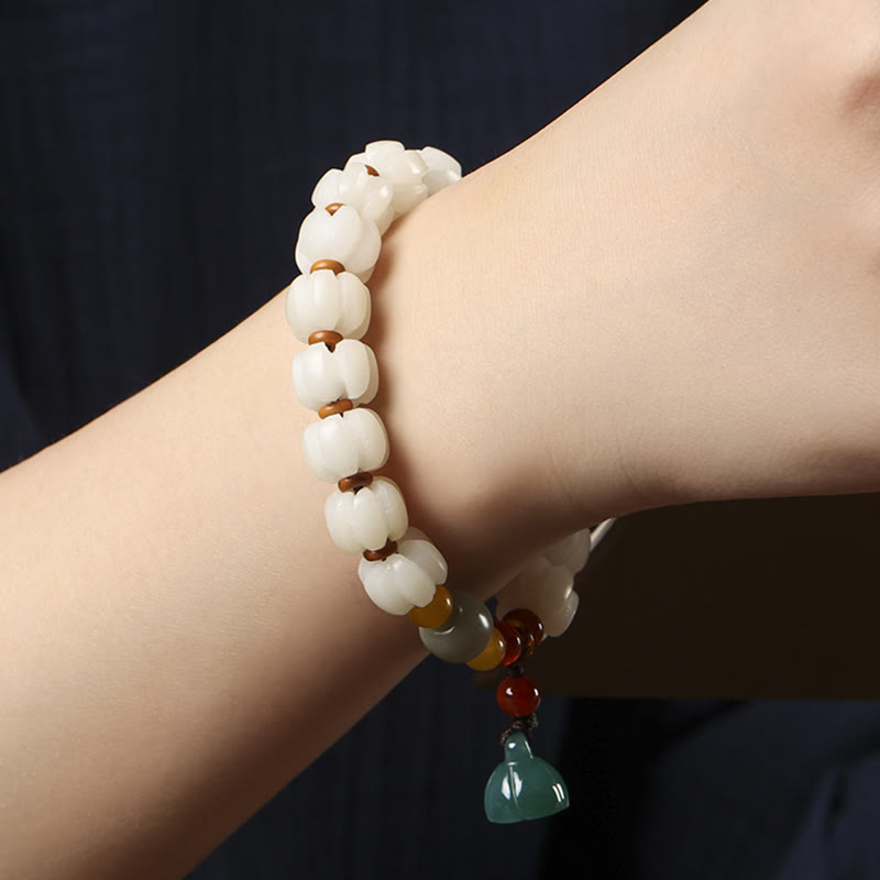 Wear FengShui Natural Bodhi Seed Red Agate Bodhi Calm Harmony Engraved Pumpkin Bead Lotus Bracelet