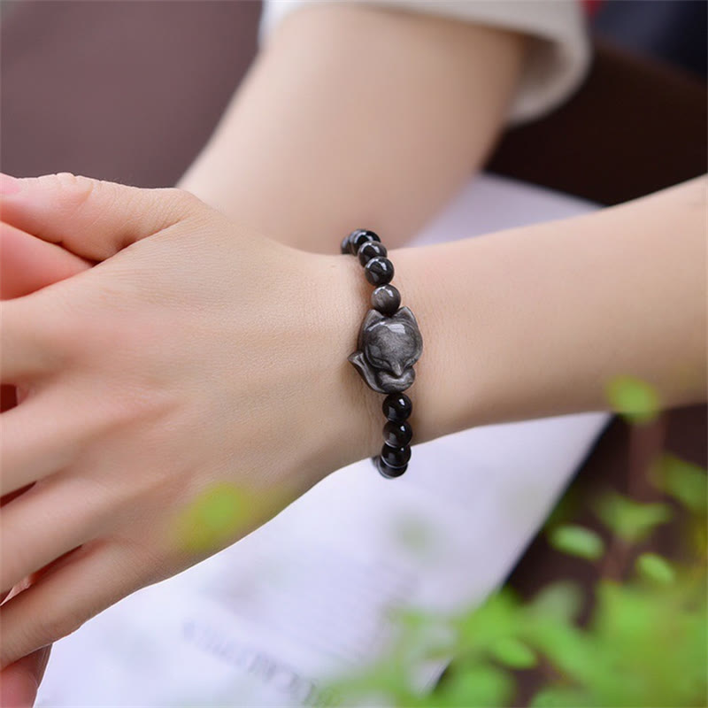 Wear FengShui Natural Silver Sheen Obsidian Fox Protection Bracelet