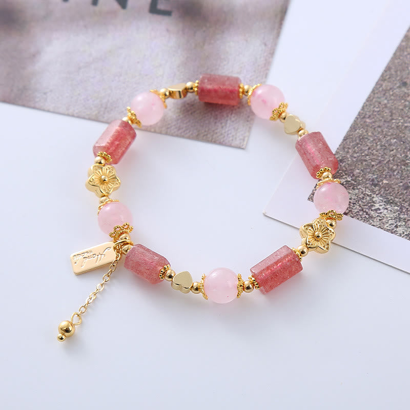 Wear FengShui Strawberry Quartz Pink Crystal Love Heart Flower Positive Bracelet