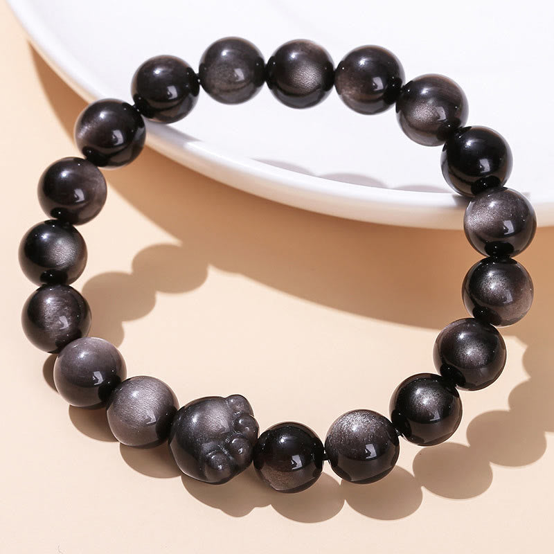 Wear FengShui Natural Gold Sheen Obsidian Silver Sheen Obsidian Cute Cat Paw Claw Wealth Bracelet