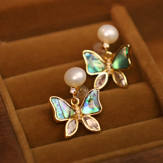 Wear FengShui 18K Gold Plated Copper Natural Shell Pearl Butterfly Sincerity Stud Earrings
