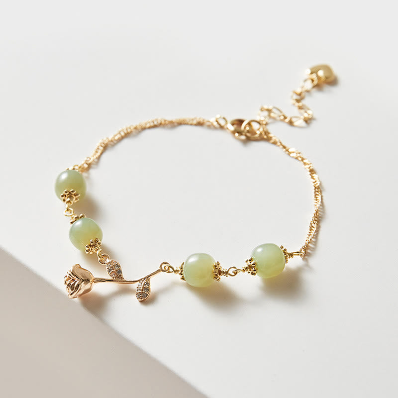 Wear FengShui 14K Gold Plated Hetian Jade Golden Rose Flower Luck Chain Bracelet