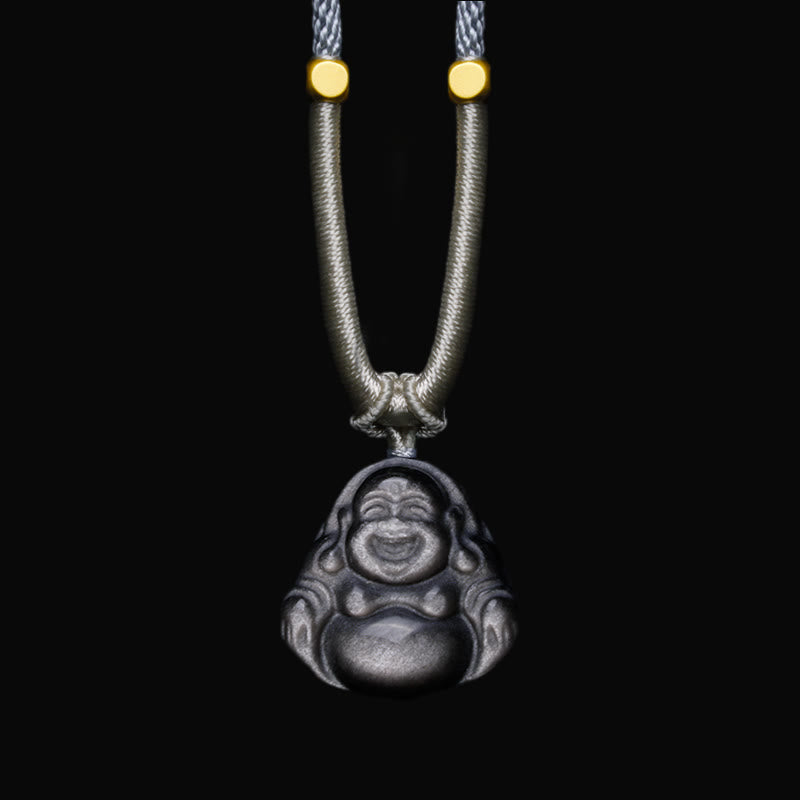 Wear FengShui Natural Silver Sheen Obsidian Laughing Buddha Protection Necklace Pendant