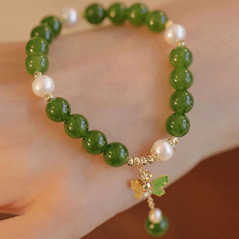Wear FengShui Natural Green Chalcedony Pearl Butterfly Courage Strength Bracelet