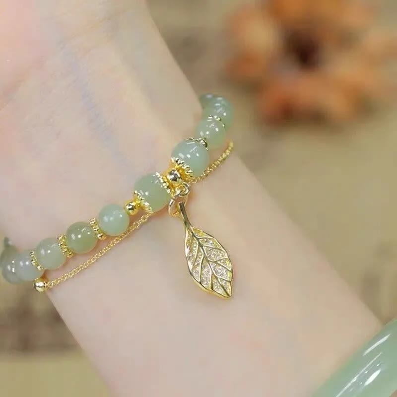 Wear FengShui Jade Leaf Ginkgo Tulip Peanut Fu Character Luck Beaded Bracelet