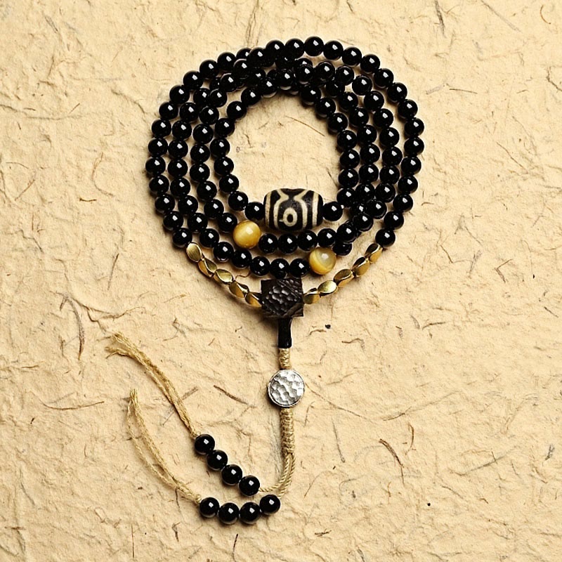 Wear FengShui Tibetan 108 Mala Beads Black Onyx Three-eyed Dzi Beads Protection Bracelet
