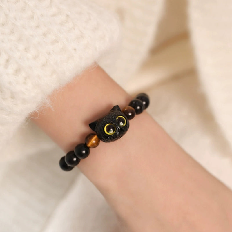 Wear FengShui Cute Ebony Wood Cat Head Pattern Peace Bracelet