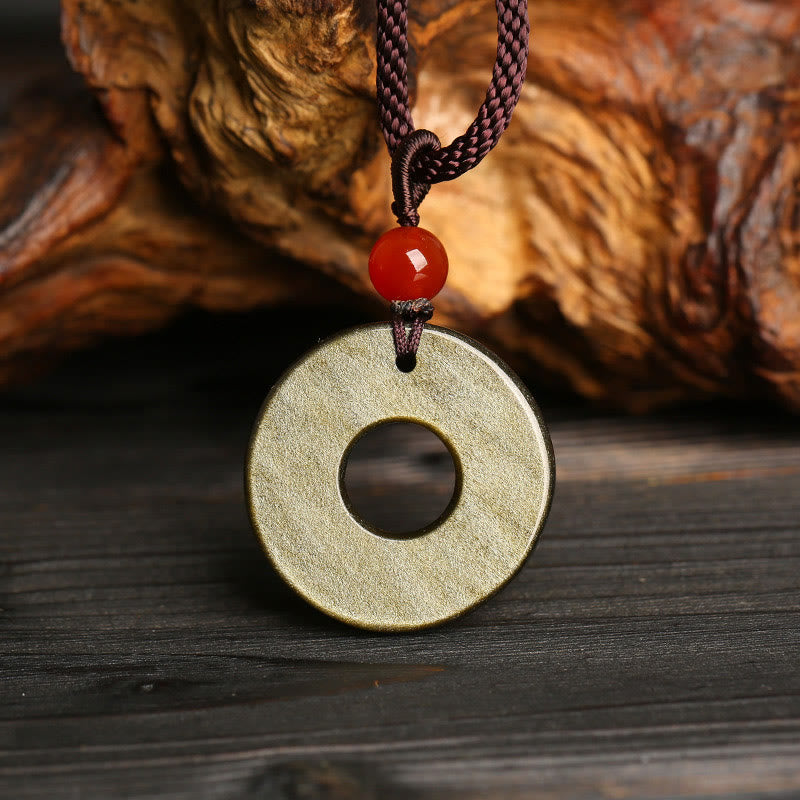 Wear FengShui Gold Sheen Obsidian Peace Buckle Pixiu Copper Coin Wealth Necklace Pendant