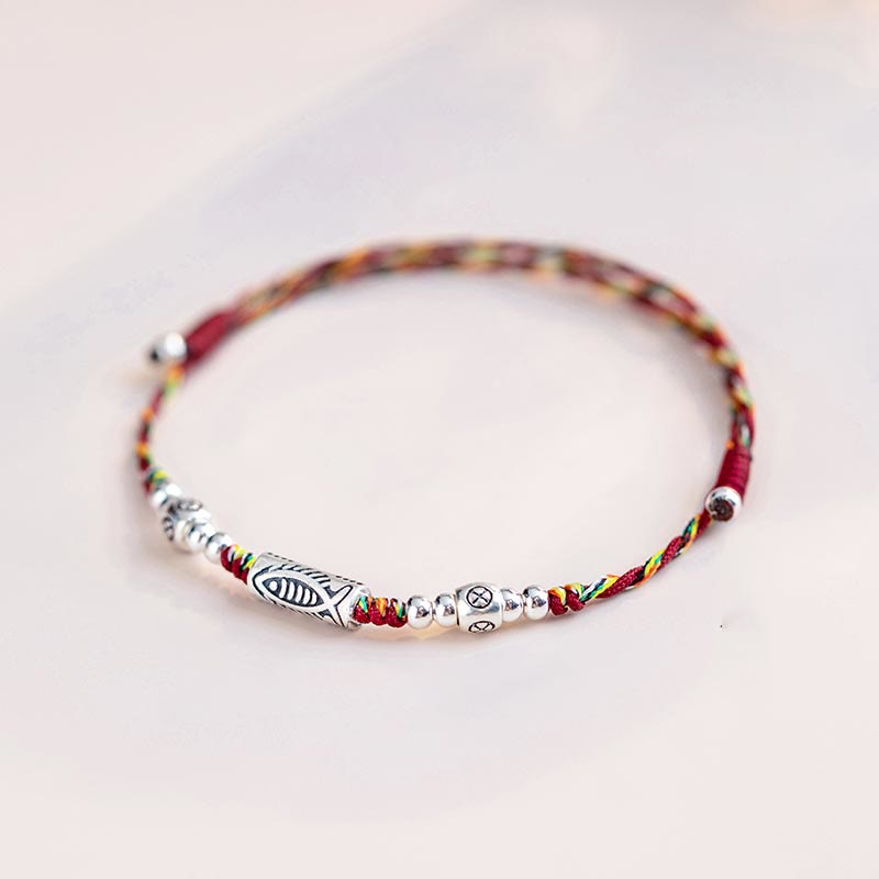 Wear FengShui 925 Sterling Silver Luck Koi Fish Braided Colorful String Bracelet Anklet