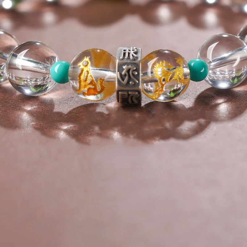 Wear FengShui 925 Sterling Silver Chinese Zodiac Natal Buddha Auspicious Groups White Crystal Hetian Jade Healing Bracelet