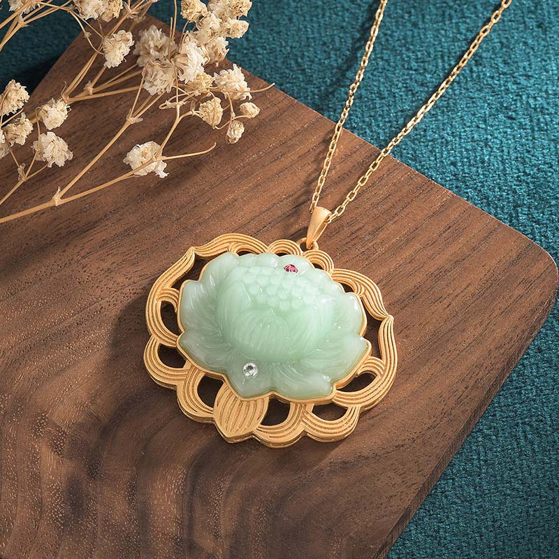Wear FengShui Natural Jade Lotus Harmony Necklace Pendant