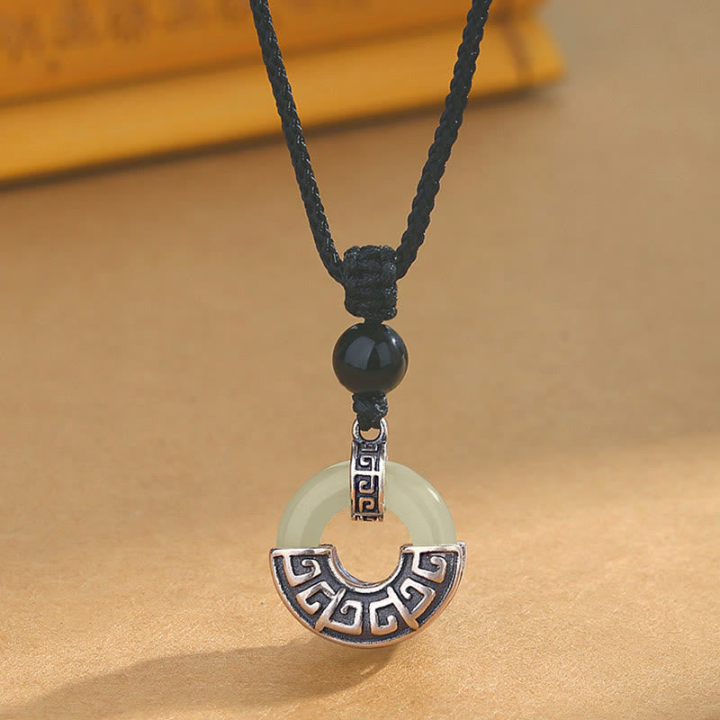 Wear FengShui 925 Sterling Silver Natural Hetian Jade Peace Buckle Prosperity Necklace Pendant