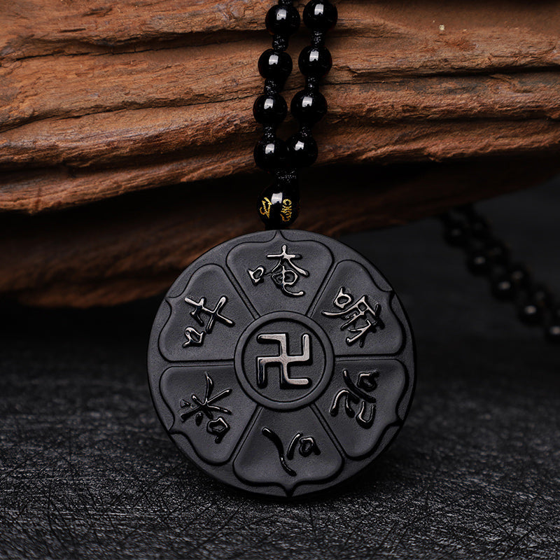 Wear FengShui Natural Black Obsidian Tibetan Om Mani Padme Hum Buddha Swastika Luck Necklace Pendant