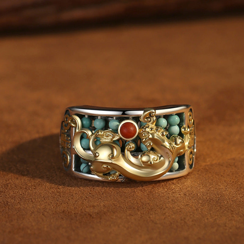 Wear FengShui 925 Sterling Silver Turquoise Red Agate PiXiu Abacus Protection Ring
