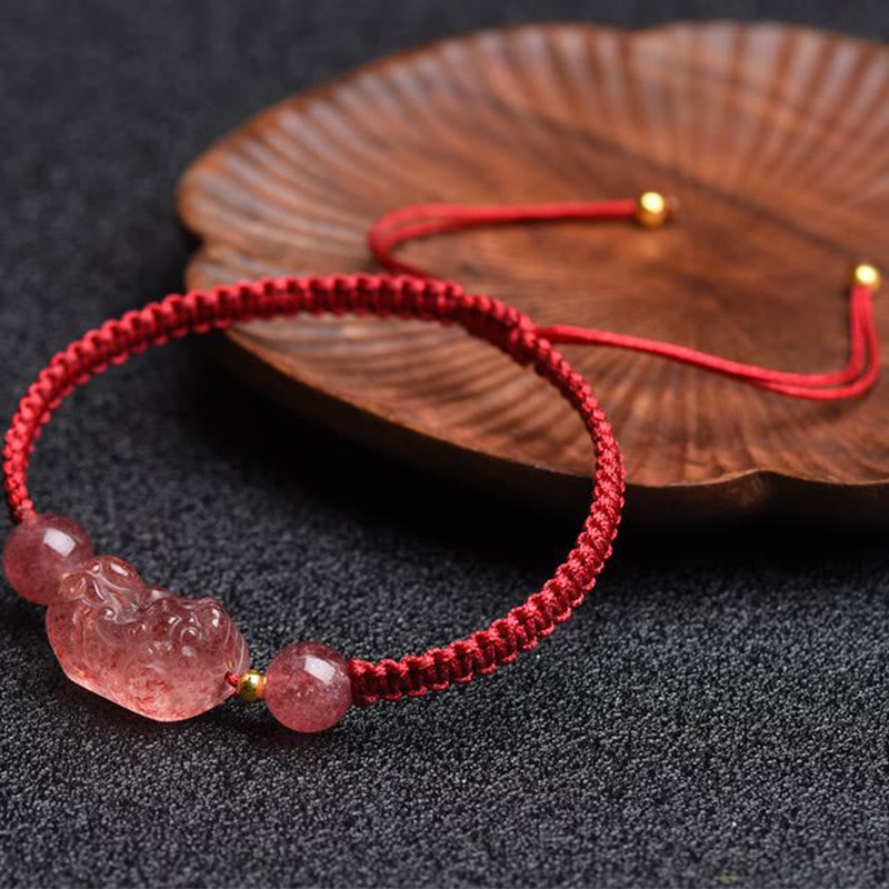 Wear FengShui Natural Strawberry Quartz PiXiu Lucky Red String Bracelet