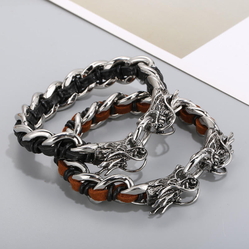 Wear FengShui Dragon Leather Titanium Steel Protection Luck Braided Bracelet