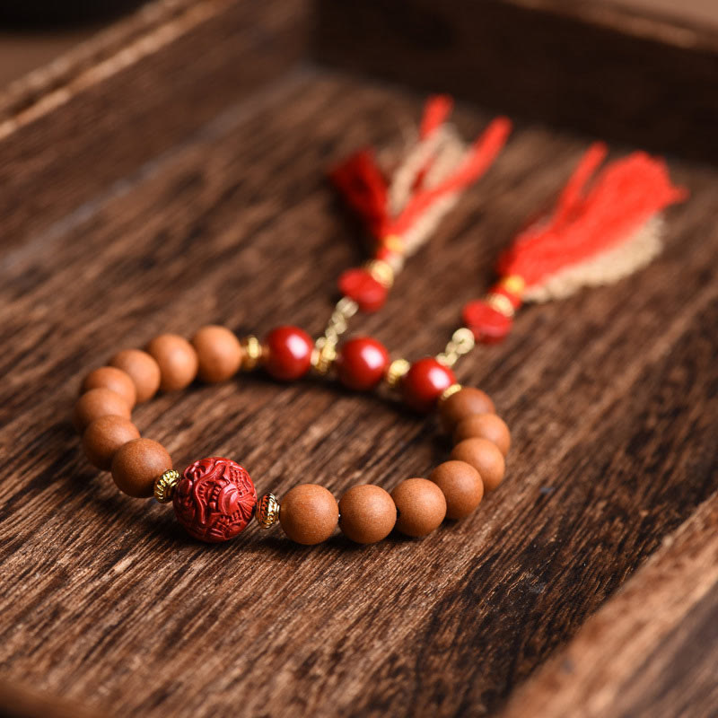 Wear FengShui Tibetan Natural Peach Wood Cinnabar PiXiu Wealth Tassels Bracelet