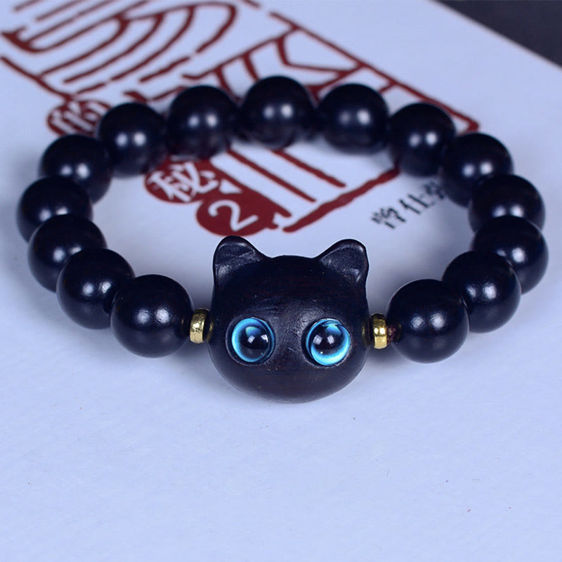 Wear FengShui Ebony Wood Liuli Glass Lovely Cat Peace Balance Bracelet