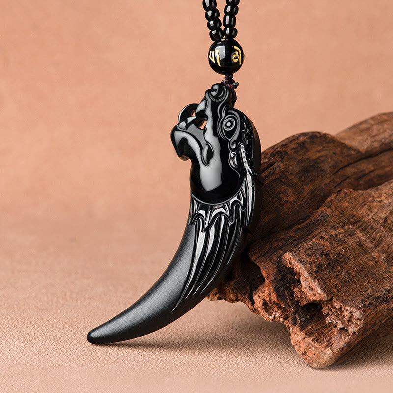 Wear FengShui Natural Black Jade Chinese Zodiac Dragon Tooth Pattern Protection Necklace Pendant