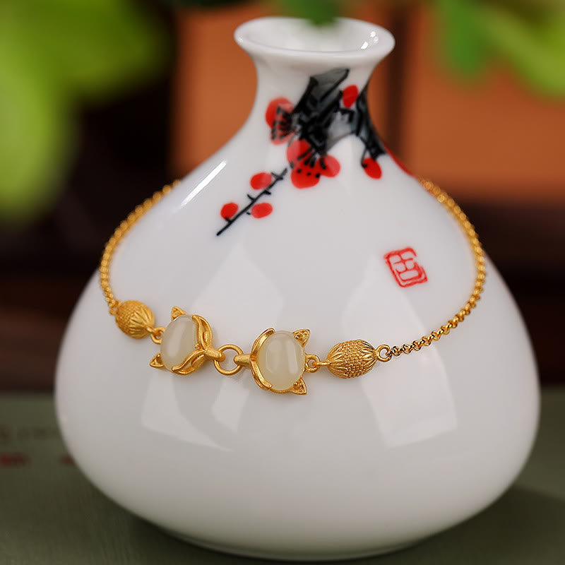 Wear FengShui 925 Sterling Silver Natural Hetian White Jade Cyan Jade Lovely Fox Luck Bracelet