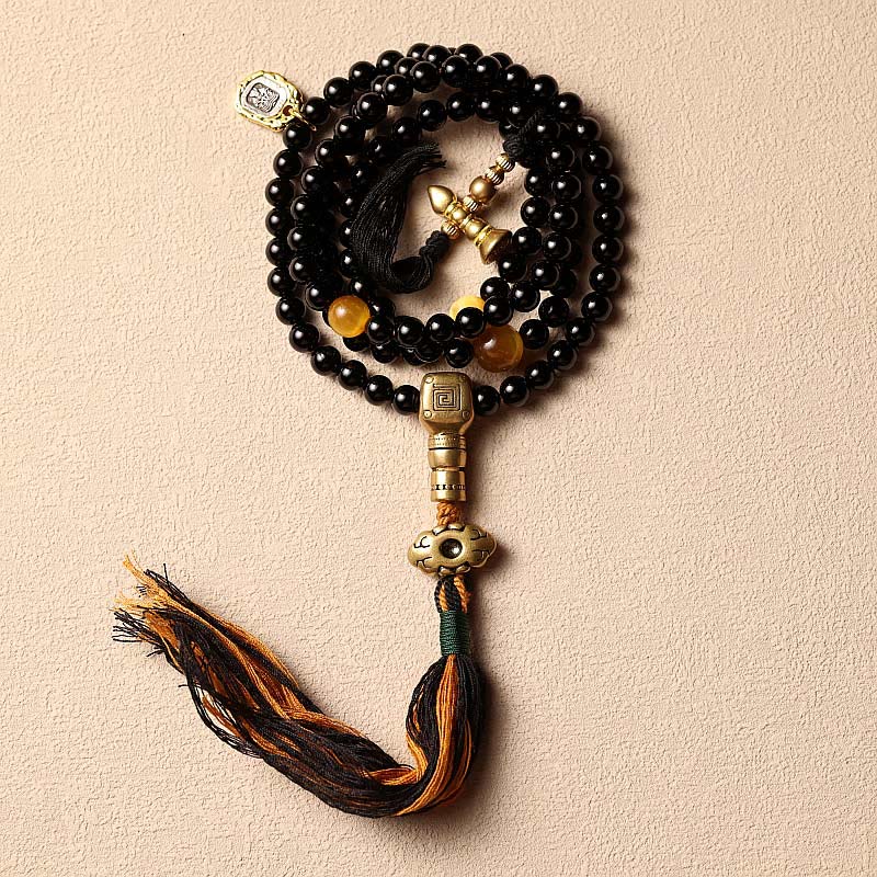 Wear FengShui Tibetan 108 Mala Beads Black Onyx Tiger Eye Beads Nine Palaces Bagua Protection Bracelet
