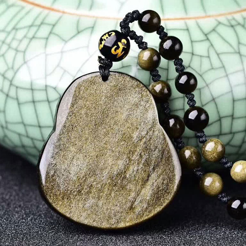 Wear FengShui Laughing Buddha Gold Sheen Obsidian Wealth Necklace Pendant