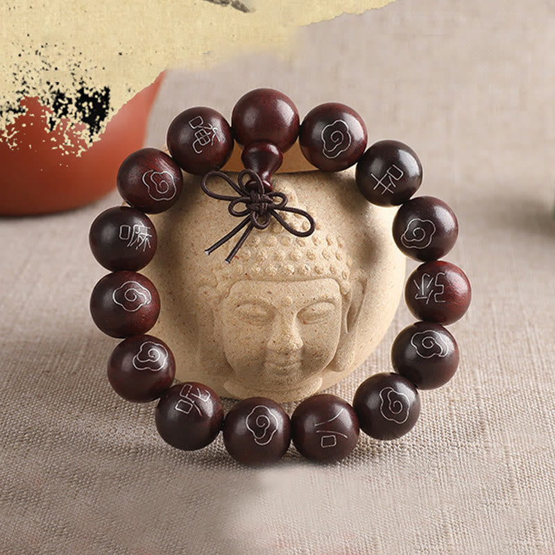 Wear FengShui 925 Sterling Silver Inlaid Small Leaf Red Sandalwood Om Mani Padme Hum Character Auspicious Clouds Protection Bracelet