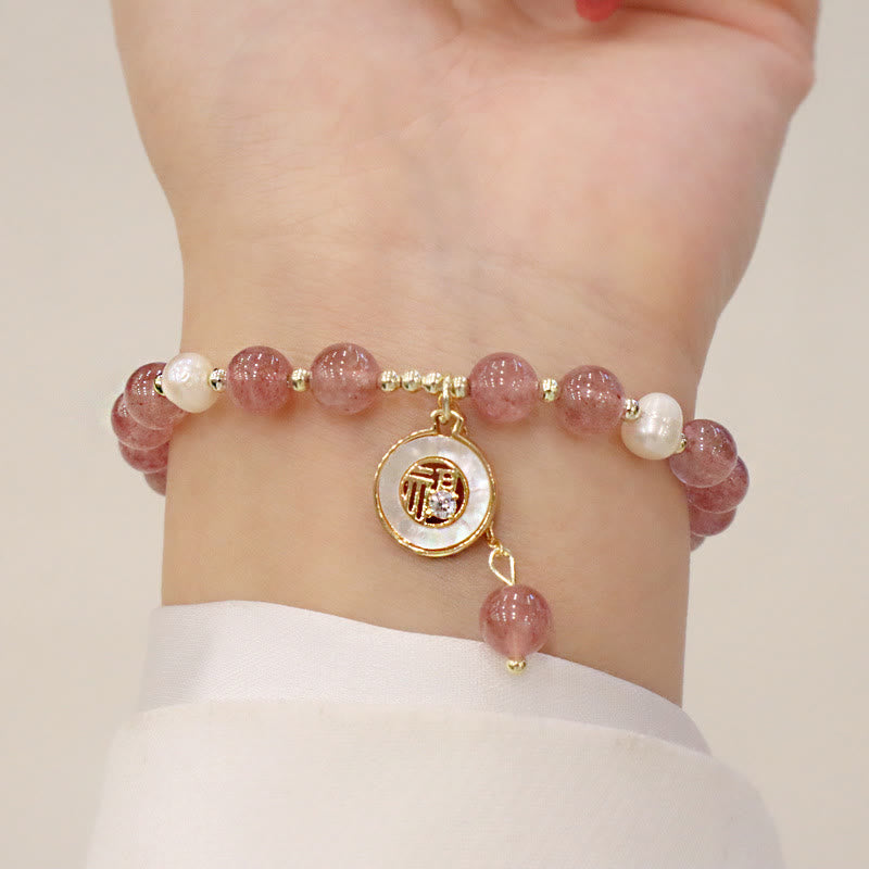 Wear FengShui Strawberry Quartz Pearl Elk Smiley Face Fishtail Fu Character Charm Healing Bracelet