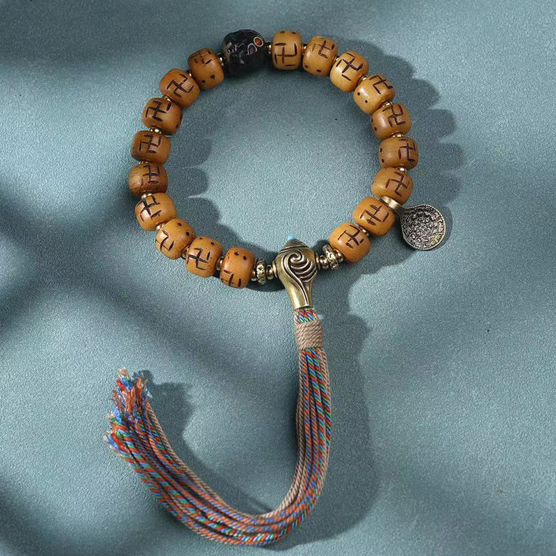 Wear FengShui Natural Tibetan Camel Bone Swastika Dzi Bead Shankha Buddha Charm Kirtimukha Luck Protection Tassel Bracelet