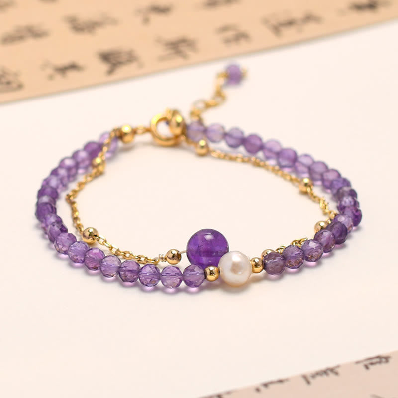 Wear FengShui 14K Gold Plated Amethyst Crystal Healing Double Layer Chain Bracelet