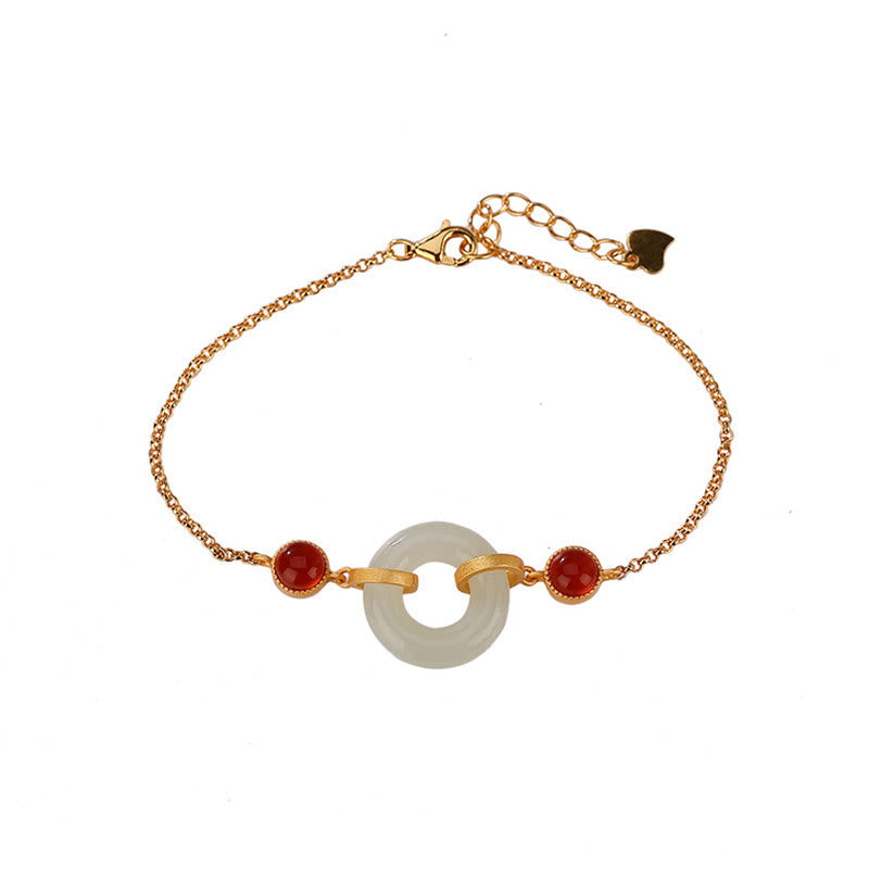 Wear FengShui 925 Sterling Silver Plated Gold Natural Hetian Jade Peace Buckle Red Agate Luck Bracelet