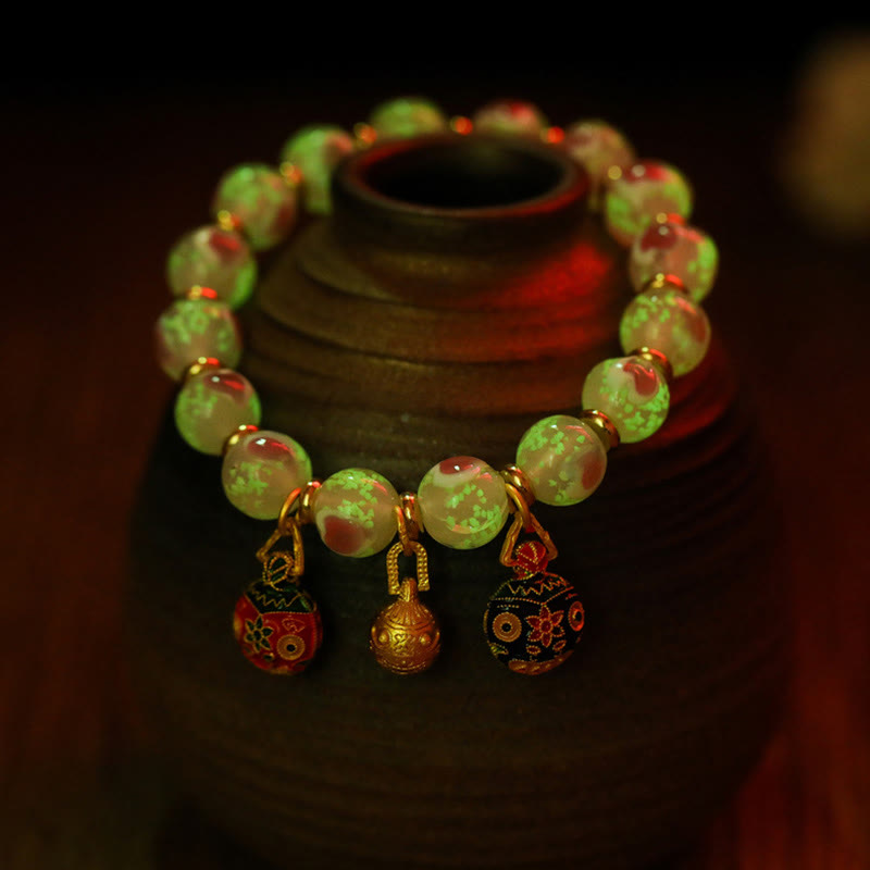 Wear FengShui Gold Swallowing Beast Family Charm Luminous Pink Love Heart Fluorescent Liuli Glass Bead Blessings Bracelet