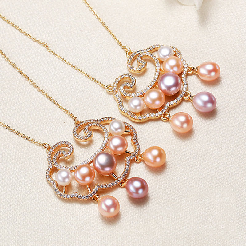 Wear FengShui 18K Gold Plated Natural Pearl Chinese Lock Charm Sincerity Necklace Pendant